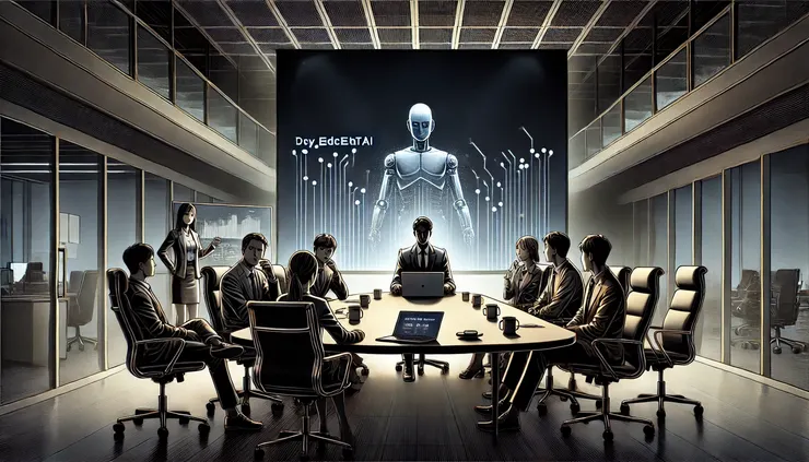 一間辦公室，大家面面相覷看著投影幕，上面寫著「部門導入AI工具計畫」。