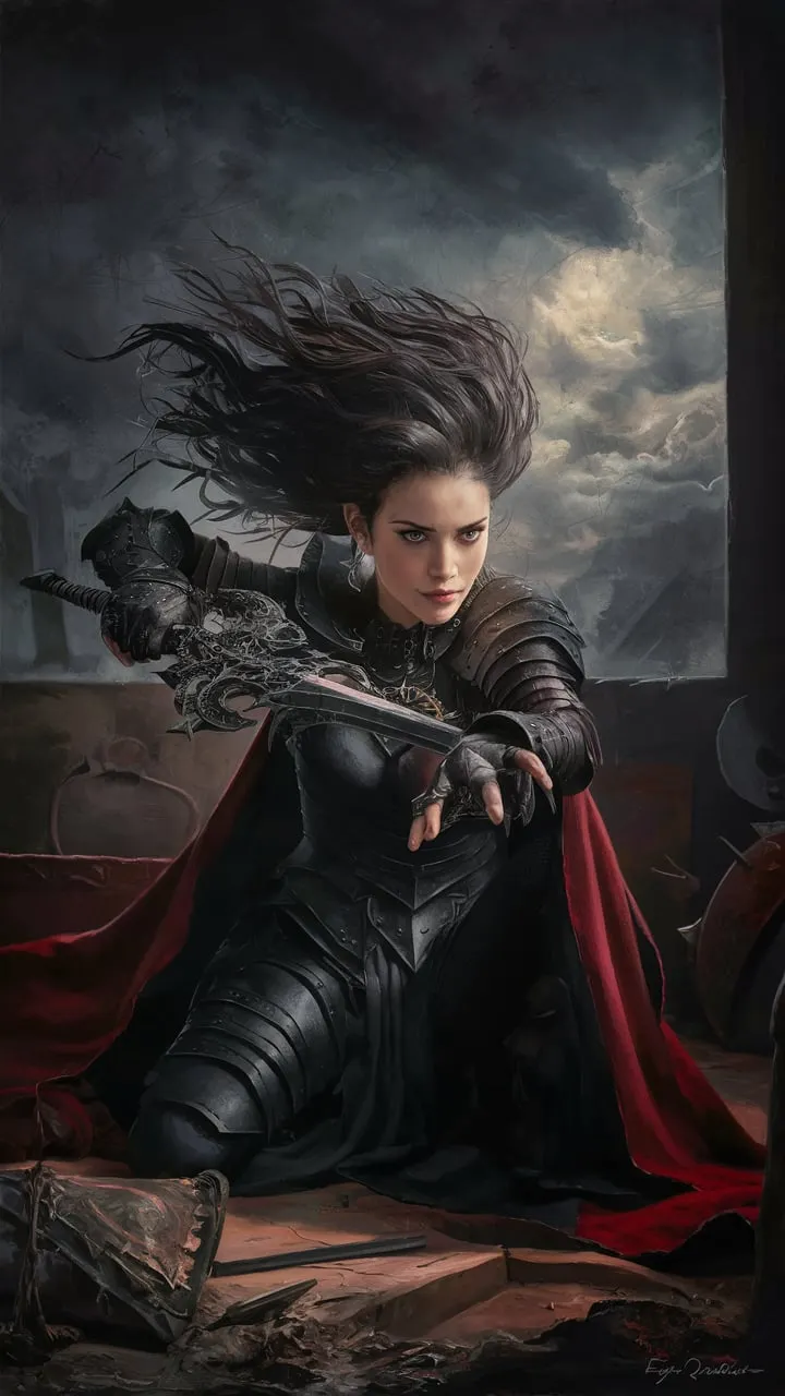 In this stunning oil painting, Eiza González is portrayed as a gothic warrior woman, embodying both vulnerability and strength. Surrounded by the grim battlefield, her flowing black hair is swept up by a gentle breeze, as she wields an ornate weapon. The dark and foreboding sky looms overhead, reflecting the intense atmosphere of Dungeons & Dragons. Thick brushstrokes and dramatic lighting are used to evoke a sense of adventure and mystery. The background is filled with the remnants of a fierce battle, while the subject sits confidently in a dimly lit room, her attire a mix of black leather armor and red accents. Warm, flickering light from glowing candles casts shadows around her, highlighting her lace top and smoky makeup. Amidst the vibrant red roses, she exudes an air