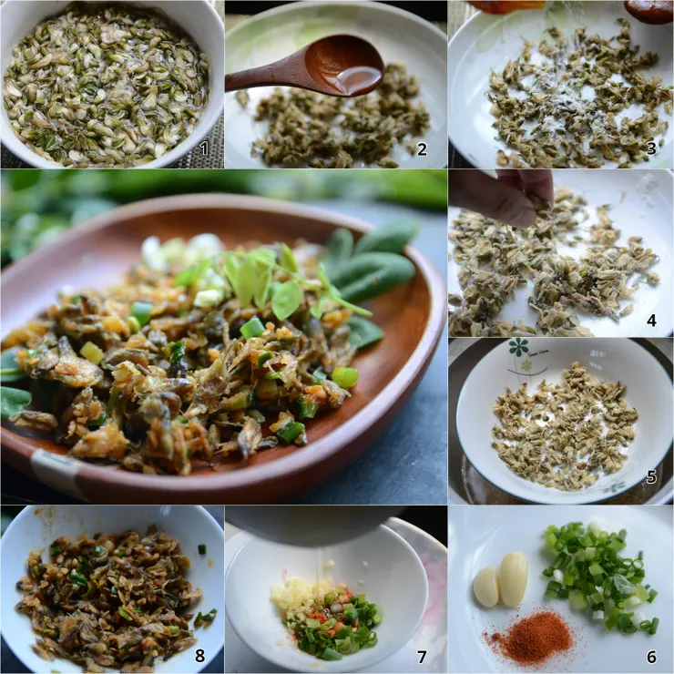 槐花麥飯做法：乾槐花泡發，再加入油與麵粉下去蒸熟，蔥、蒜切碎加入辣椒粉淋上熱油，再拌入蒸好的槐花麥飯即可