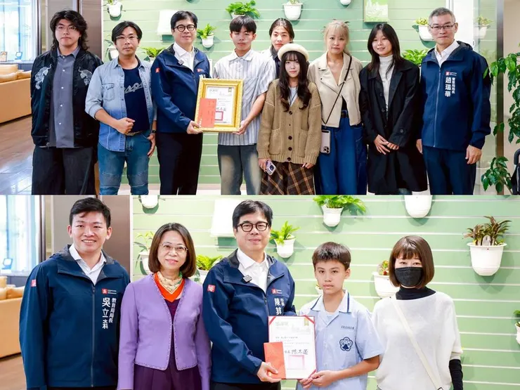 高雄市政府公開表揚兩名見義勇為的同學。上圖：簡姓男大生壓制毆打年長夫婦的嫌犯。下圖：鳳山國中江詠恩協助身障人士過馬路。（圖/高雄市政府）