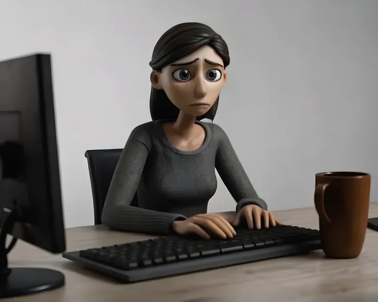 AI繪圖-Recraft：A worried woman with a concerned expression, furrowed brows, and tense posture, continuously typing on a keyboard to perform web searches. The scene is set in a dimly lit room with a computer monitor glowing in the foreground. The room includes a cluttered desk with scattered papers, a coffee mug, and a smartphone. The lighting is soft, creating subtle shadows, and the overall color scheme includes cool tones like blues and grays to enhance the anxious atmosphere.調整解析度-Artguru