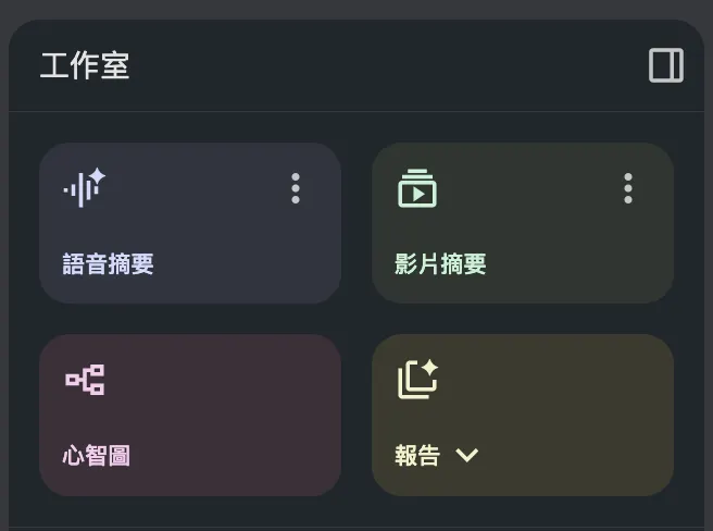 如果是自己建立的資料夾,那右邊區域的「工作室」中,有不少實用功能,比如各種摘要模式、心智圖。