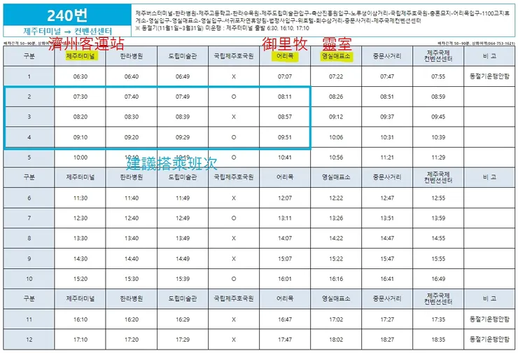 濟州公車240號時間表
