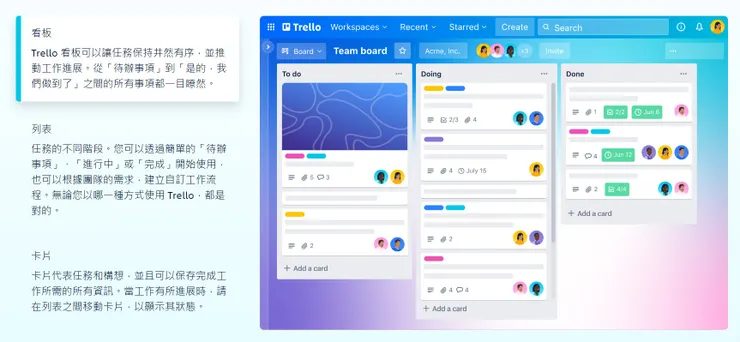 Trello 項目管理工具 (圖片來源：https://trello.com/zh-Hant)