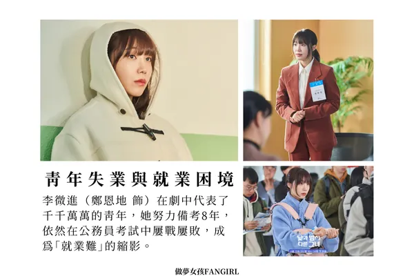 李微進（鄭恩地 飾）在劇中代表了千千萬萬的青年，她努力備考8年，依然在公務員考試中屢戰屢敗，成為「就業難」的縮影。圖源：jtbc
