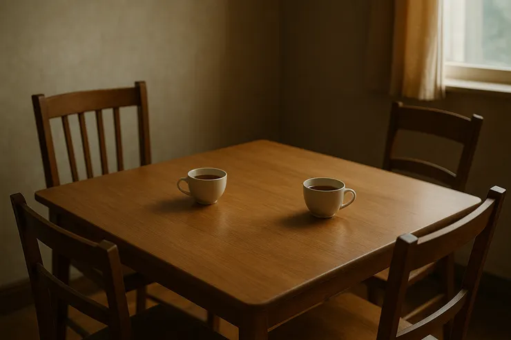 對角兩張椅彼此留白，茶杯停在桌心中線；第三張斜置椅在側。