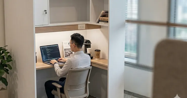 創業者於兆鉅富商務中心獨立辦公空間工作情境，支援借址登記與彈性辦公需求