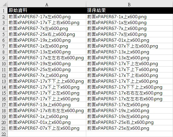 A欄：原始資料；B欄：排序結果(由小到大：-1x、-7x、-13x、-17x、-19x、-25x)