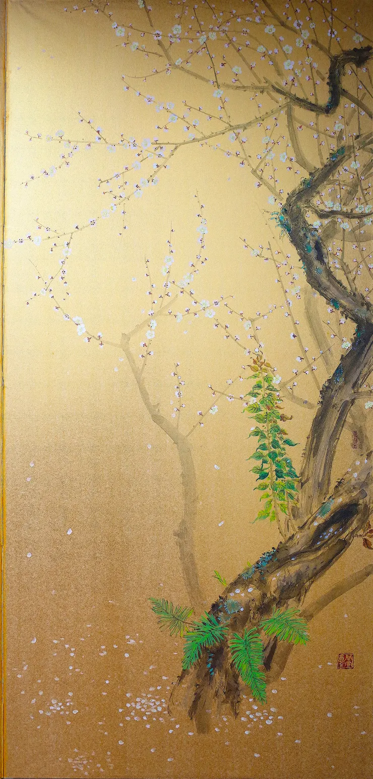 〈雪梅舞鶴／鶴子梅妻〉局部－右屏