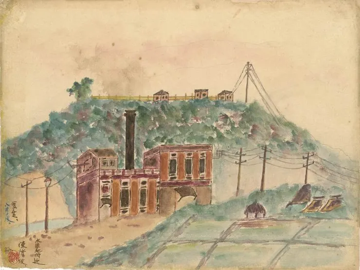陳澄波於1915年創作的「水源地附近」。當年在畫家石川欽一郎指導下完成這幅作品,畫中可見有煙囪的紅色建築,正是當時剛完工的台北預備火力發電所,還有許多電線桿林立於田野間。(圖片來源:陳澄波文化基金會)