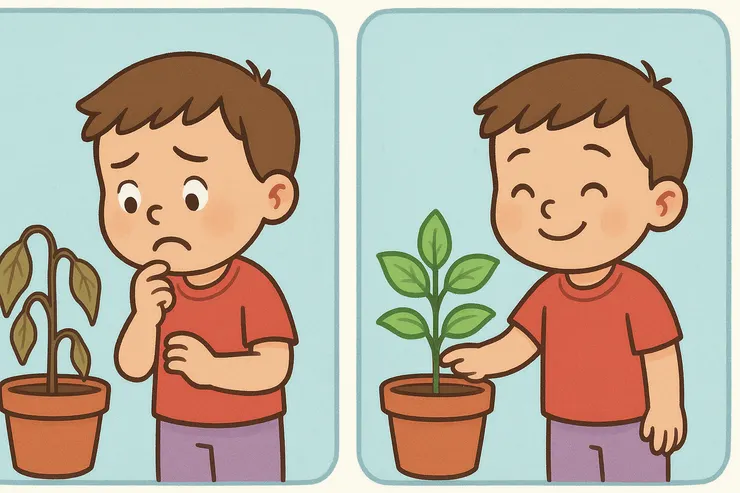 左邊孩子擔心枯葉，右邊孩子笑看恢復鮮綠葉子