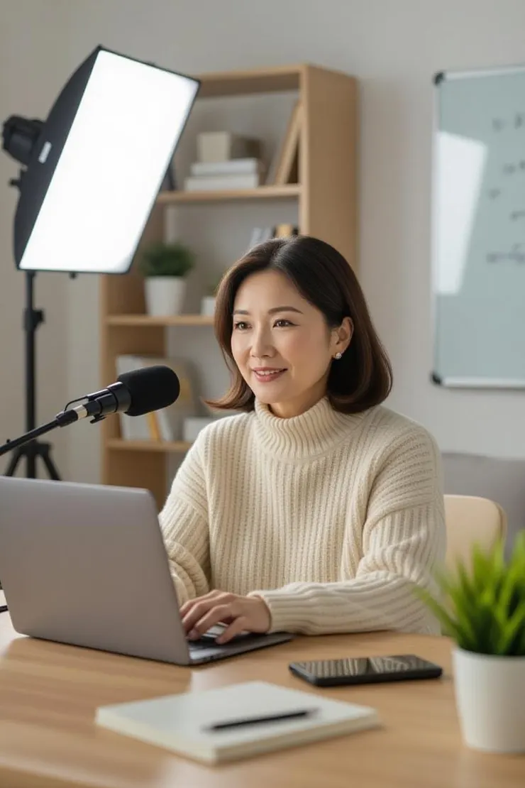 中年老師在家錄製線上課程,象徵數位內容型副業的開始