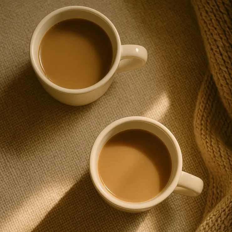 兩杯一滿一半滿；披肩在椅背投下弧影；窗縫光橫越桌面成細帶。