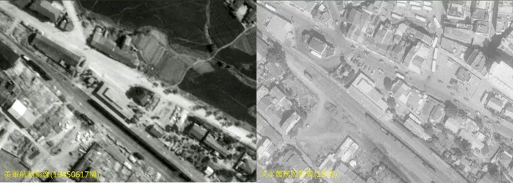 淡水站站房航照（圖片來源：台灣百年歷史地圖）