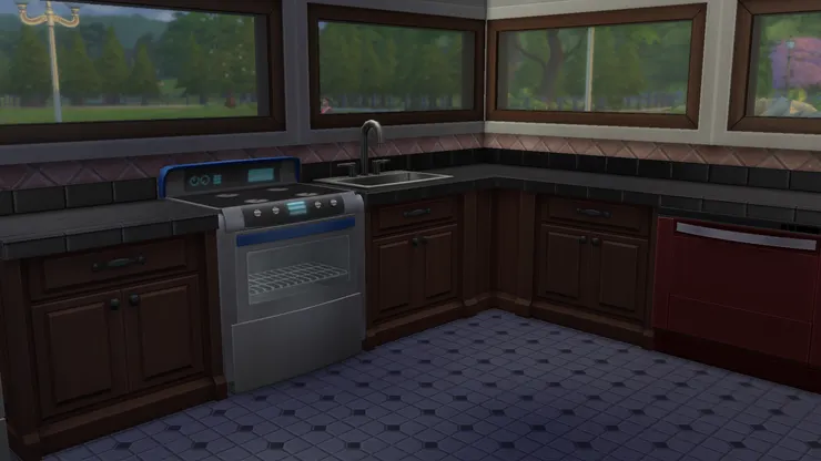 廚房對我來說是個很重要的空間！很多時候我設計Sim house時都會把廚房設計成開放式，一來不想太多牆妨礙控制，二來總想多些空間和窗戶。(抱歉這是在沒有開房間燈時拍的。)