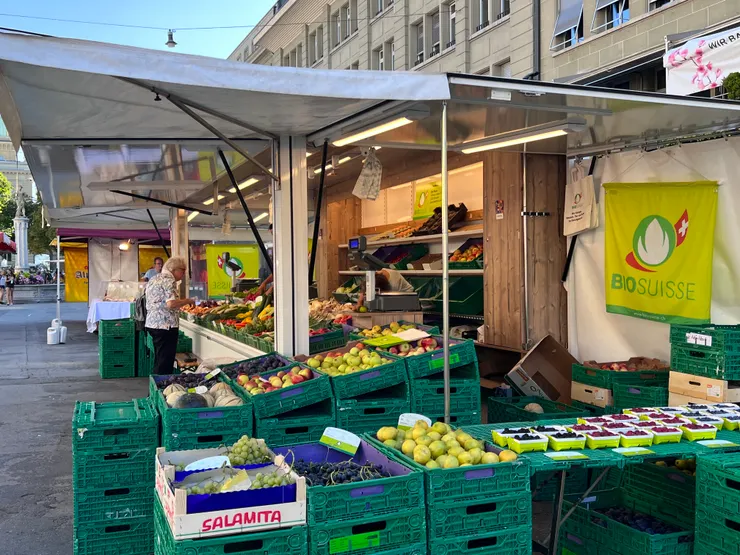 廣場前還沒有收攤的水果店，可以想像白天這裡會有多熱鬧