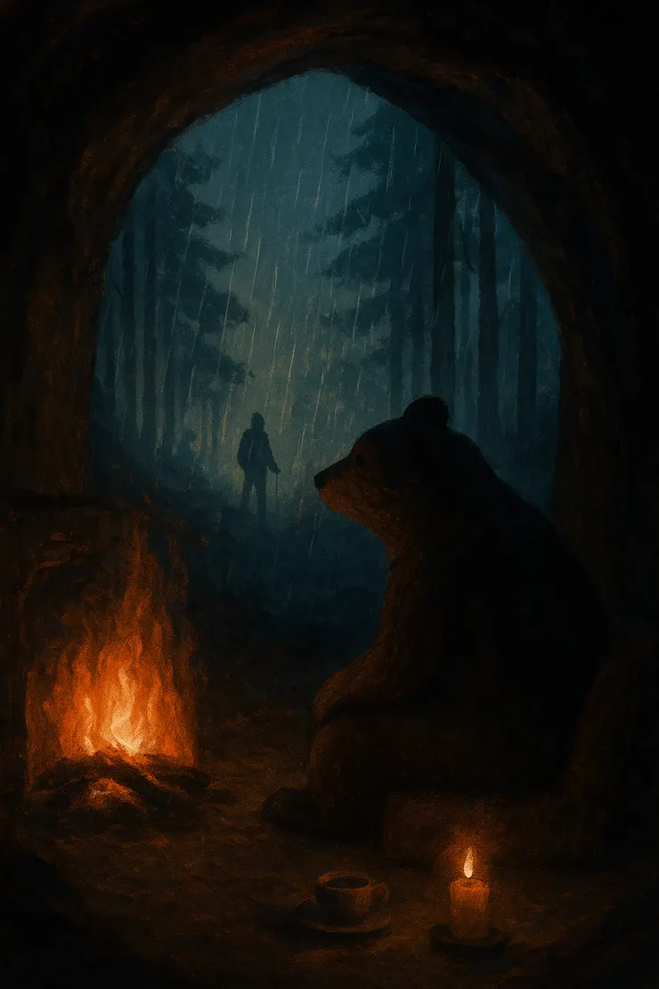 爐火映照著洞口，雨線模糊了森林與遠方的身影。巨獸抱著不甘，也抱著光， 為歇腳的旅人，守一夜溫暖。