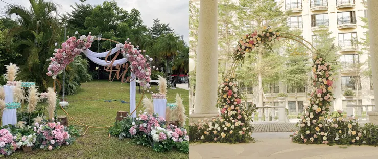 左邊是假花拱門,佈置於高雄圓山飯店。右邊是鮮花拱門,佈置於高雄義大皇家花園。