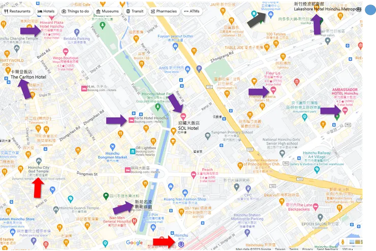 新竹火車站、城隍廟、各大飯店以及巨城的確切位置