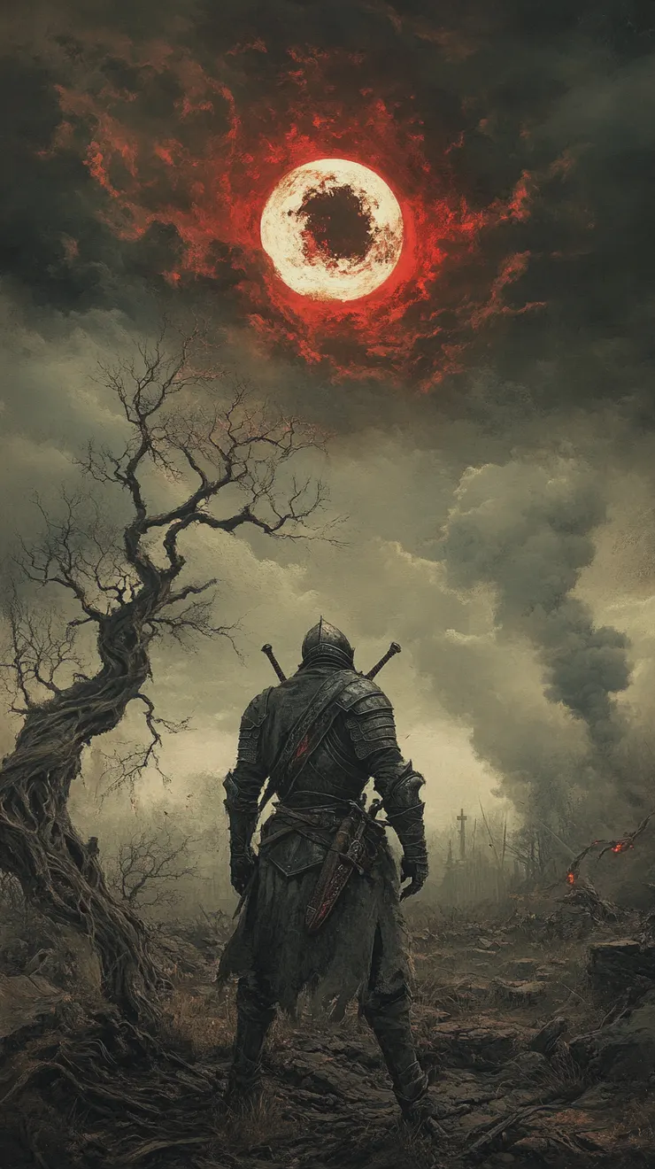 Solaire, in his iconic pose, praising the sun.  However, the sun is obscured by dark clouds, and a faint, unsettling glow emanates from his helmet