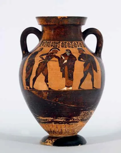 特洛伊城的海倫――根據克里斯多夫．馬羅的說法——她的美貌足以讓千艘戰船齊發啟航；而這個黑繪彩陶雙耳細頸壺（約西元前540 年）所描繪的圖像，正是最早出現的海倫形象之一。
