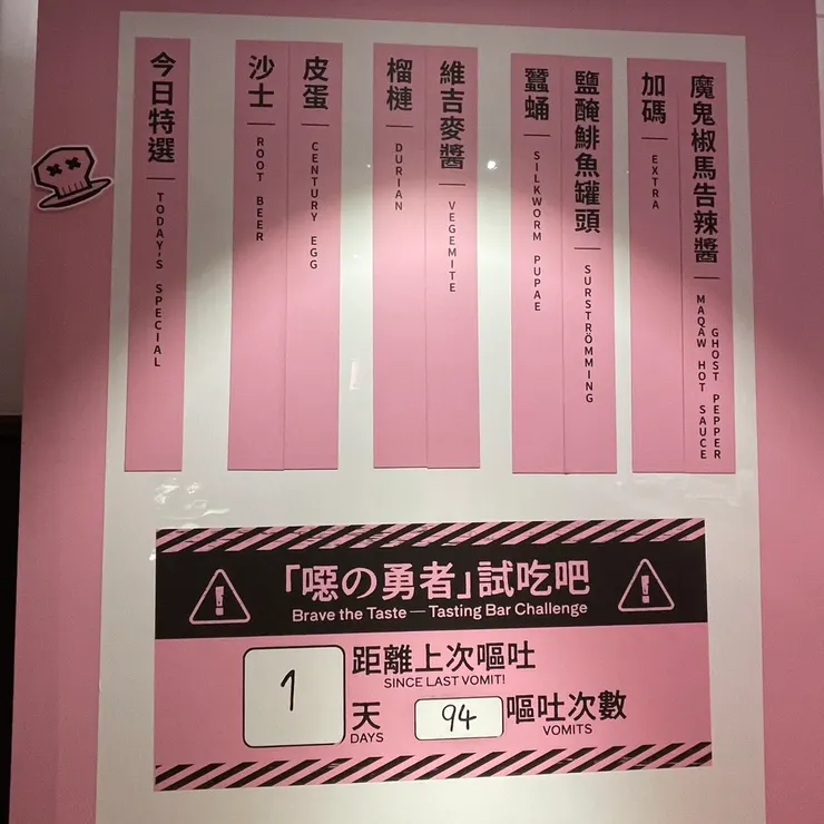 還真的有人吐了。不過麥根沙士跟皮蛋在台灣很常見，榴槤也是，維吉麥醬是澳洲常見的東西，炸蠶蛹我在北京吃過更噁裡面還有爆汁的，鯡魚罐頭我也曾經找過一群朋友來試吃，魔鬼椒宜蘭有賣。因此這五項我有自信無壓力完賽