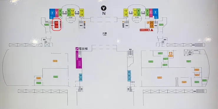 景觀台位置位於紅框位置(18、19號電梯)