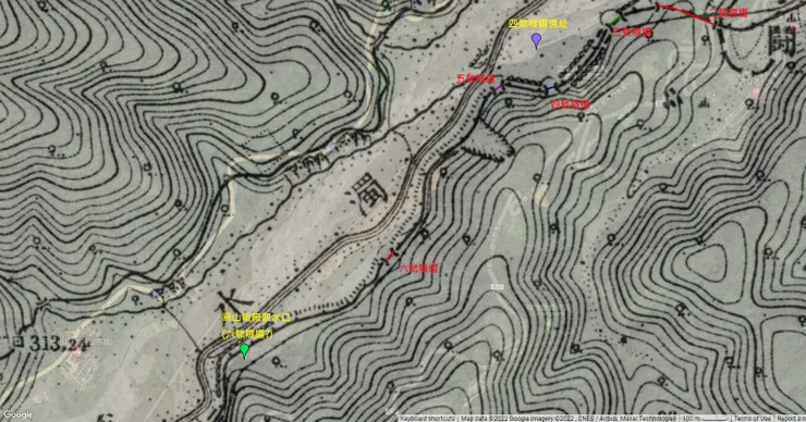 四~六號隧道的位置，底圖是Google的衛星空照 (圖片來源：日治五萬分之一地形圖(陸地測量部))