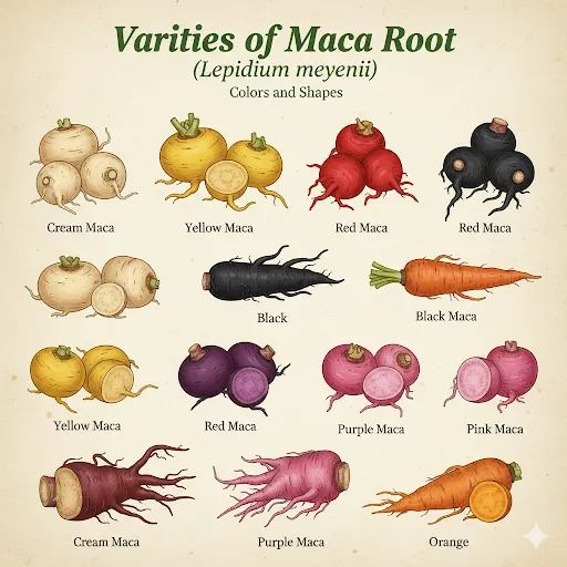 【附圖：各種顏色和形狀的 maca 及其名稱 / 據說 maca 的命名方式有時會因爲市場行銷、地方習慣或科學分類的不同而有所差異，這導致了圖中某些顏色的標註可能與直觀感受有所出入 / 圖文生成自 Google Gemini】