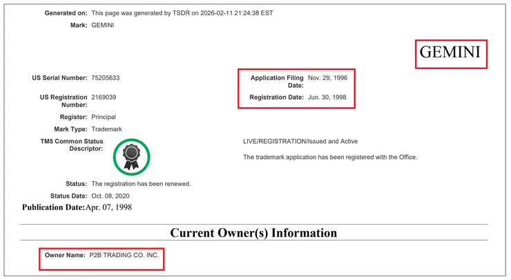 USPTO商標註冊資料顯示，P2B公司於 1998 年正式在USPTO完成了「Gemini」商標的註冊; 圖片來源: USPTO  Trademark database