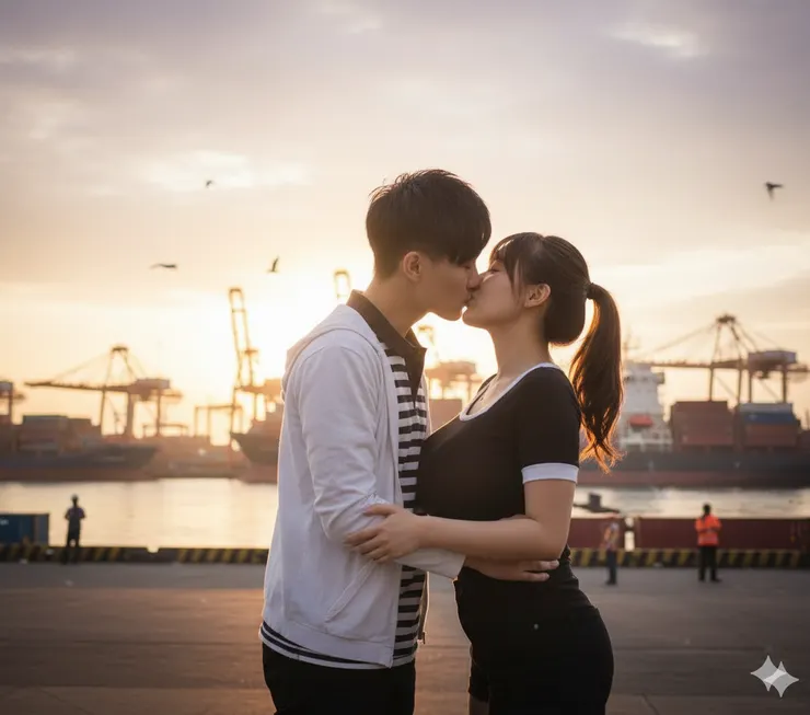 黃鈺程(左)和陳汝蓁(右)在港口接吻