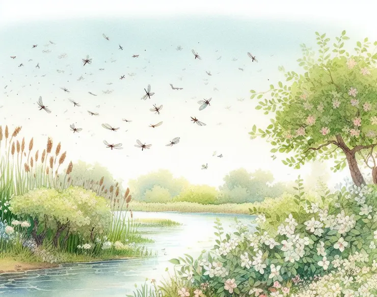 蜉蝣成雙成對，隨歌聲翩翩起舞，慶祝這美好的時刻。