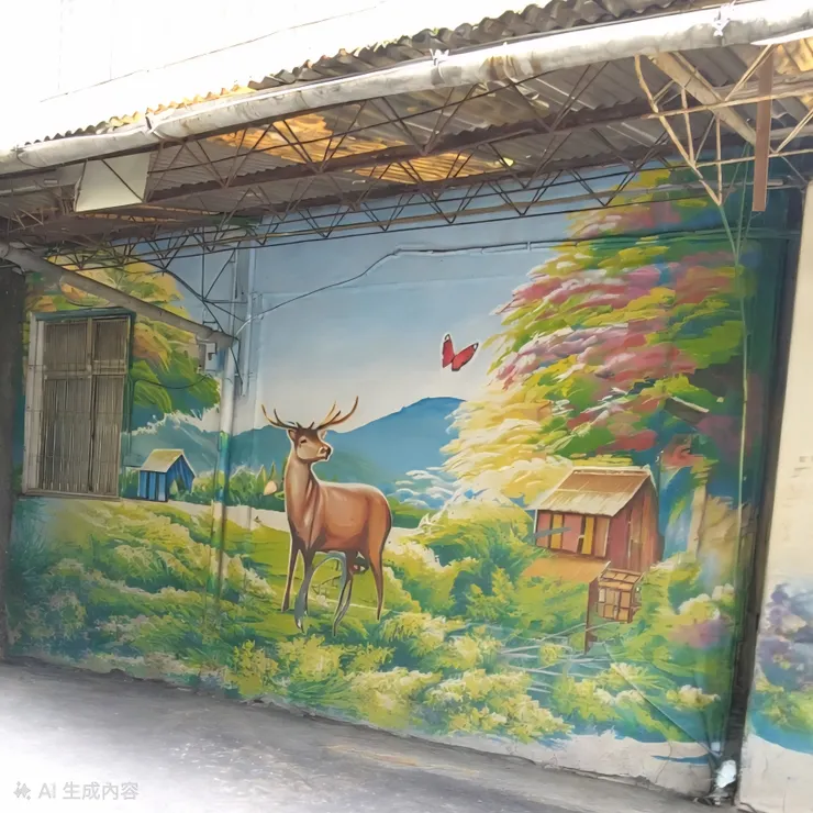 第四景：空谷尋鹿（木屋與野鹿） 雄鹿佇立於翠綠山谷中，旁有幽靜木屋。 探討「靈魂的孤獨與追尋」。鹿是隱逸與高潔的象徵。而這頭鹿，正是現代人在喧囂中尋找心靈清泉的具象化。