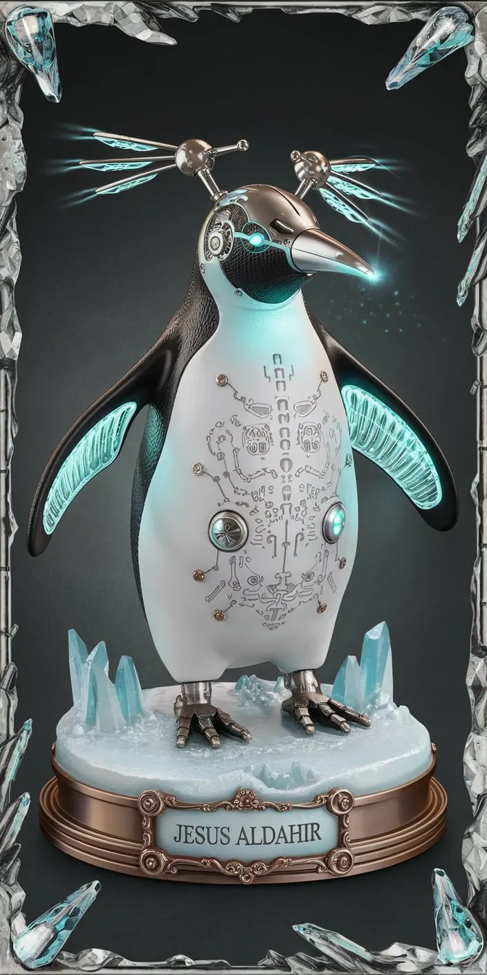 A steampunk cyborg penguin with metallic fins that function as small propellers and a body adorned with bionic engravings. Its beak emits a blue glow. The base, decorated with metallic ice and steam, bears the engraving jesus aldahir framed with cold details and crystalline lines.