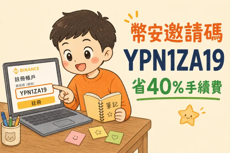 幣圈新手村角色指向幣安邀請碼填寫欄位，輸入推薦碼 YPN1ZA19 可享最高 40% 手續費減免，旁邊標示省 40% 字樣