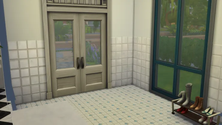 我想介紹一下這個玄關！有沒有發現這個位置是凹進去，所以方形那個是小樓梯，不然小人進不去。我仿照日韓那樣，他們的房子無論多小，都有個凹進去的玄關。但我現在已經忘了如何建造這樣的房子。