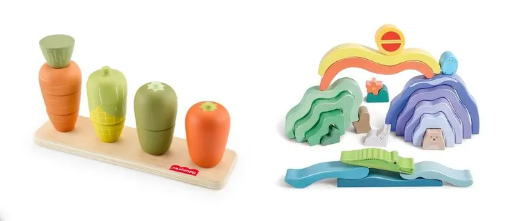 左邊可愛的蔬菜很輕盈；右邊色彩繽紛的積木超級重