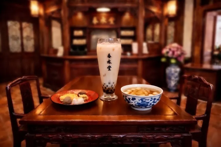 春水堂的經典招牌珍奶、棗芋四喜茶點，以及銀耳圓仔甜湯。