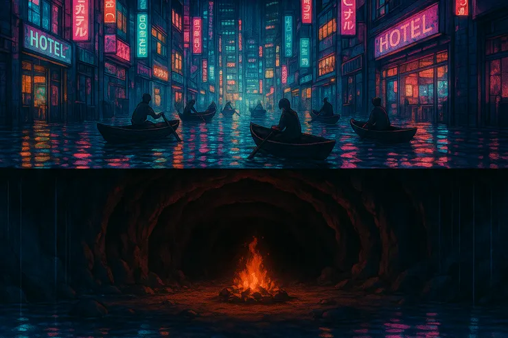 城市被雨改寫，街道成為水道。人抱怨，也適應；火仍在洞裡燃燒，替雨聲留下另一種節奏。