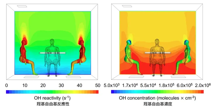 室內空間中,人體與臭氧交互作用下,羥基自由基(‧OH)的反應性與濃度分布模擬圖。摘自原報告 Figure 3。