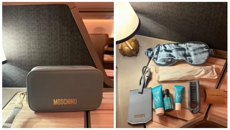 華航商務艙質感盥洗包與附贈小物，讓旅客在飛行途中倍感呵護。圖/讀者提供、葉佳欣後製