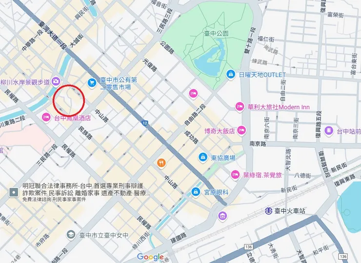 柳川古道與台中市火車站的相關位置