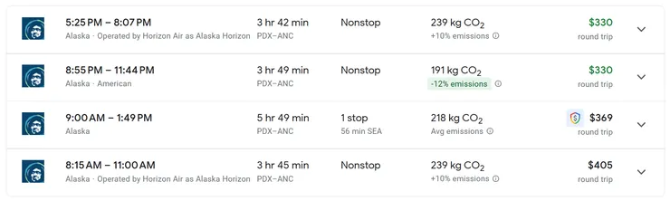 圖六、波特蘭(PDX)到安克拉治(ANC)航班資訊