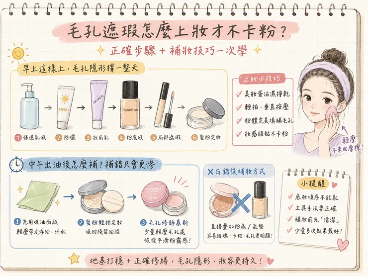 毛孔遮瑕怎麼上妝才不卡粉?正確早上午妝順序+中午油肌補妝技巧,妝前乳粉底液定妝不卡粉持妝一整天,2026油肌毛孔隱形上妝秘訣