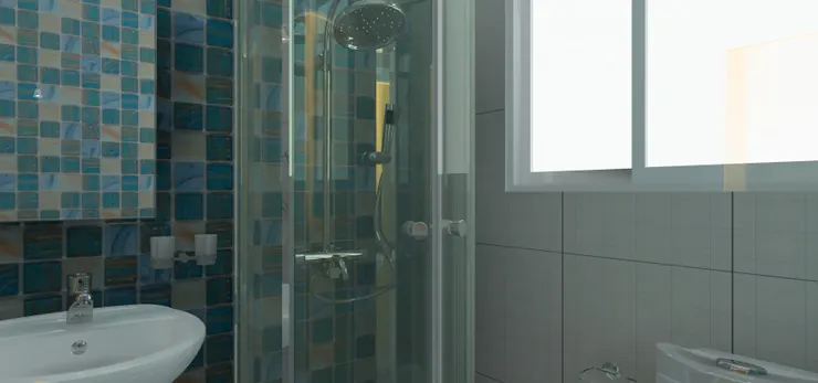 淋浴間雖然也小，但也有豪華的淋浴裝置。回家後可以舒服地洗個澡了。