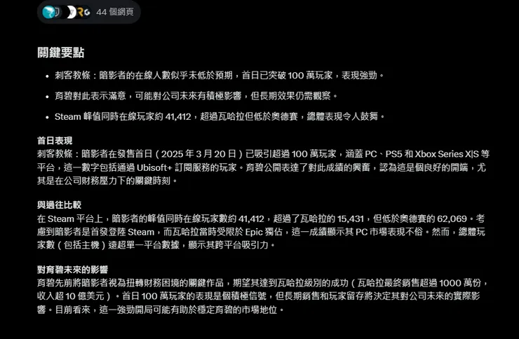根據AI指出的資訊，刺客教條暗影者能夠成功拯救育碧...