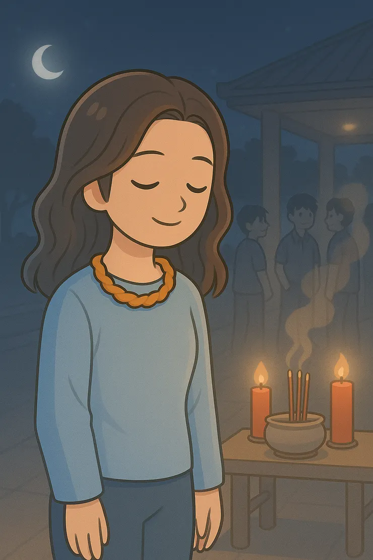 女孩閉上眼、站在月光與燭光之間, 像是在現實與夢境交界的那一刻。 她還沒入夢,但潛意識的門已微微開啟。 這張圖象徵整個夢的開場─ 靜、柔、帶著一點神祕的預兆。