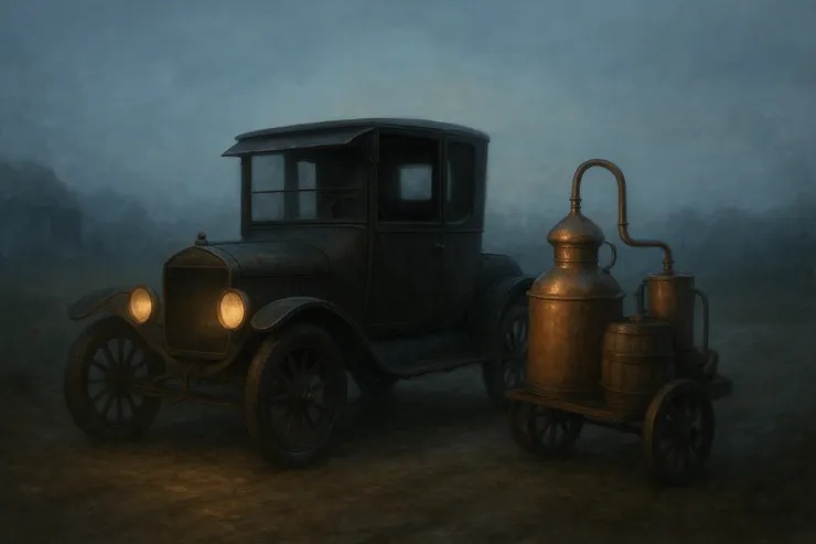 1920年代的福特T型車(Ford Model T)與蒸餾設備。〈本插圖示意圖由AI協助生成。〉