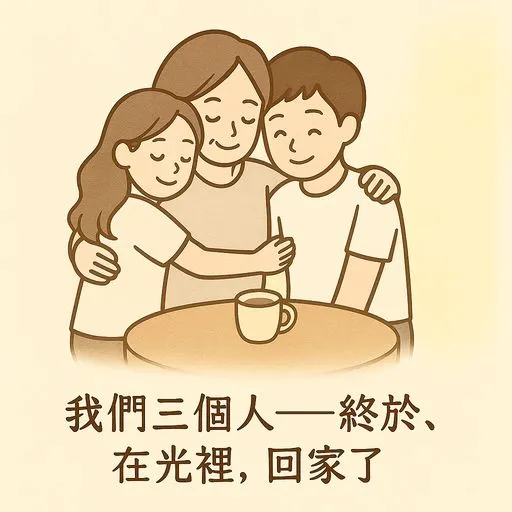 那天在靈魂裡，我們三個人坐下來喝茶，沒有遺憾、沒有責怪， 只是靜靜地坐著，曬著心裡的光。那一刻，我知道我們真的回家了。原來有些擁抱，只要願意坐下，就會來到。