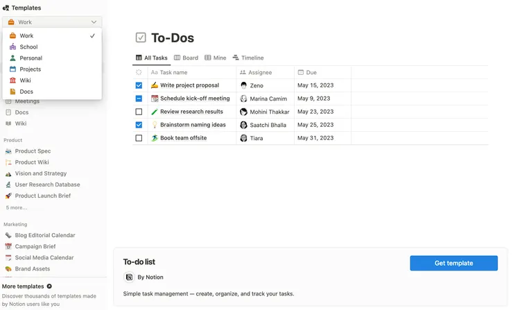 琳瑯滿目的模板,只要按「Get template」就會複製一份到自己的 Notion 當中。另外,左下角的 More templates,可以跳到 Notion 模板下載頁面。